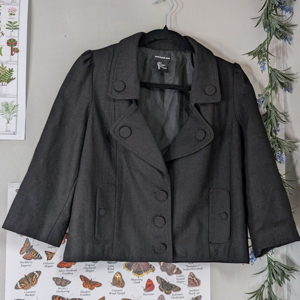 Central Park West Jacket Black Cropped Wool Blend Swing Coat Mod Size Small